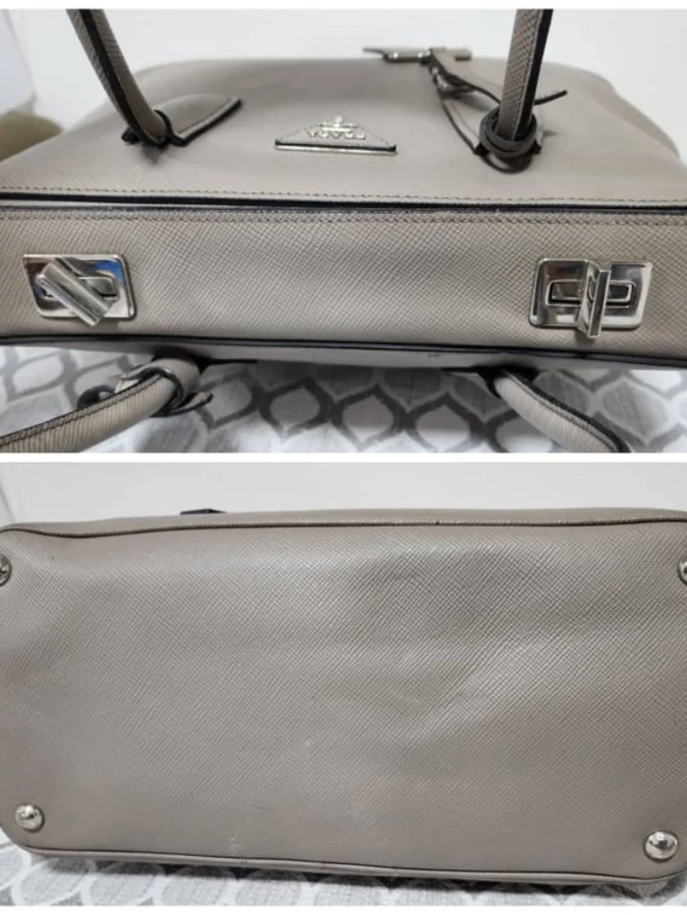 Authentic Prada Grey Saffiano Cuir Leather Twin Tote Bag